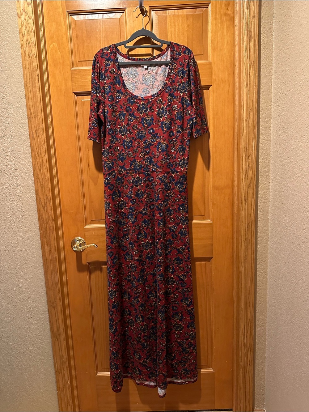 LuLaRoe Ana Maxi Dress 3XL Plus Size Floral Scoop Neck Half Sleeve Burgundy Red